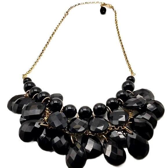 Black Faceted Resin Statement Bib Necklace Gold-tone Chain NWOT - Picture 5 of 14